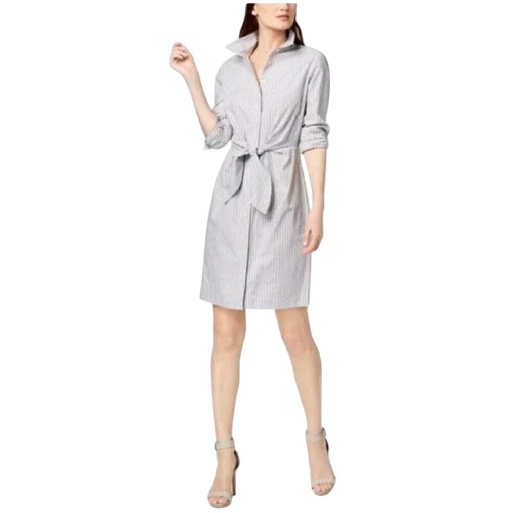 Calvin Klein Gray & White Striped Shirt Dress Tie Front Polished Summer Elegance